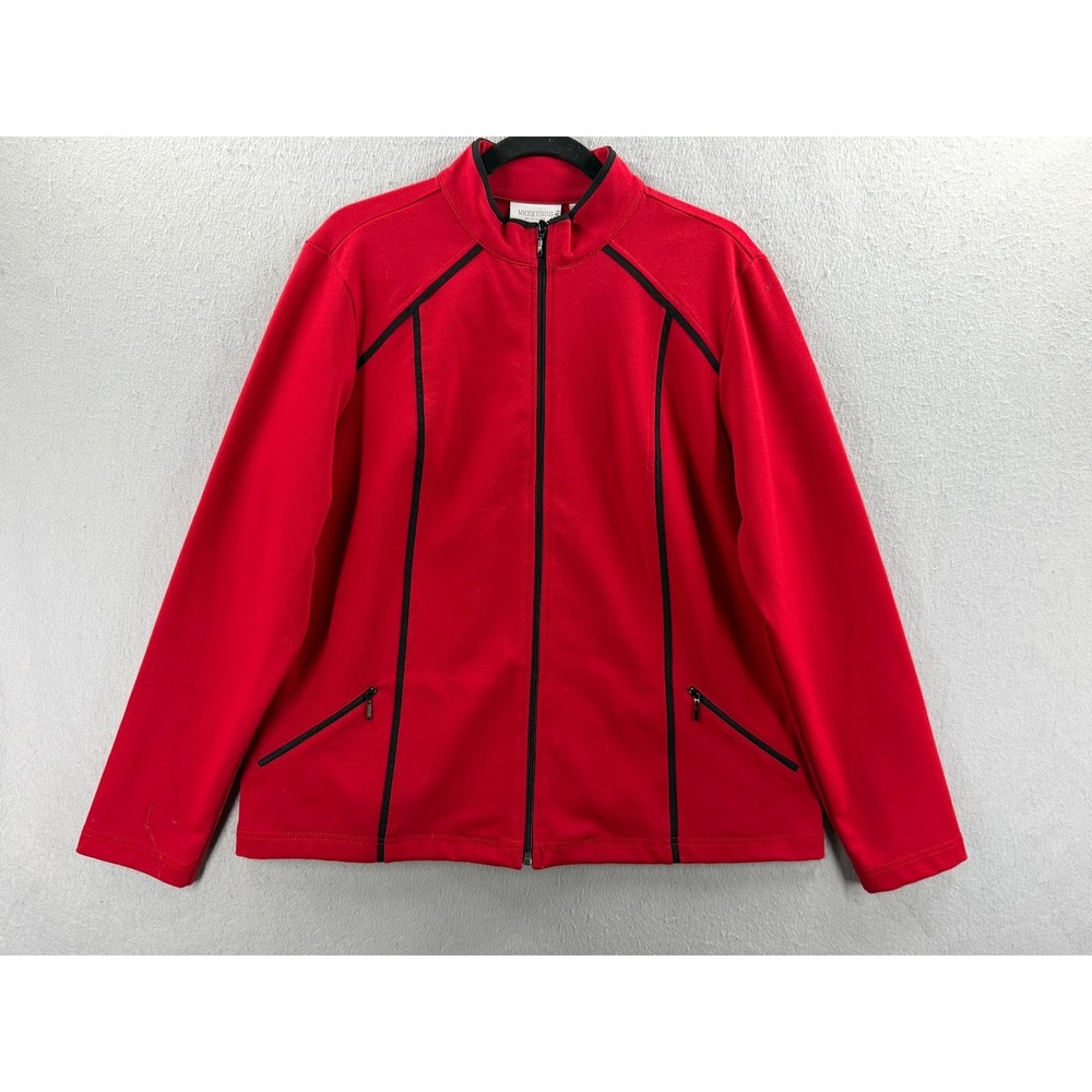 Weekends By Chico's Womens 2 L/12 Jacket Red Black Piping Full Zip Mock Neck